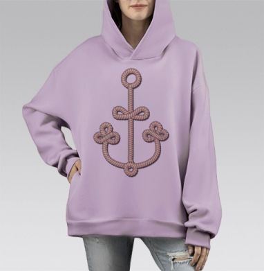 Стилизованный якорь из веревки на синем фоне, Hoodie Mono Fiolet, оверсайз, утепленная