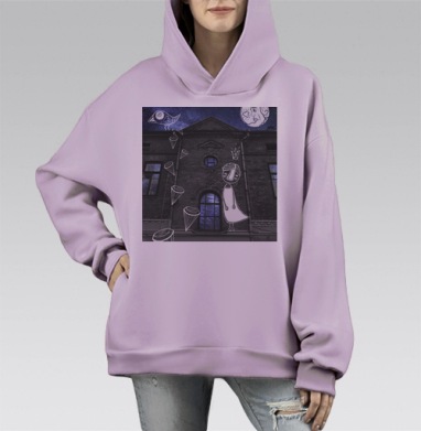 Сюрреалистичная мечтательная девушка у кирпичного дома, Hoodie Mono Fiolet, оверсайз, утепленная