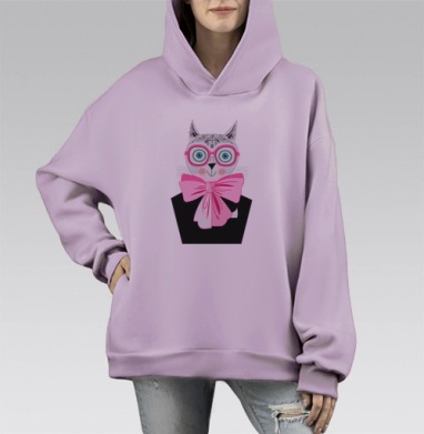 Ткань с кошками в очках и бабочках на голубом фоне, Hoodie Mono Fiolet, оверсайз, утепленная