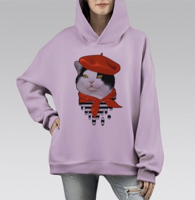 Веселый кот в красном берете и тельняшке, Hoodie Mono Fiolet, оверсайз, утепленная