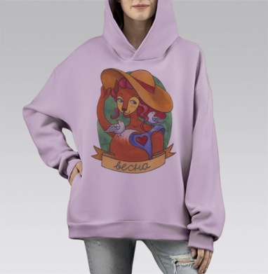 Весенний образ лисьей девушки с птицами, Hoodie Mono Fiolet, оверсайз, утепленная