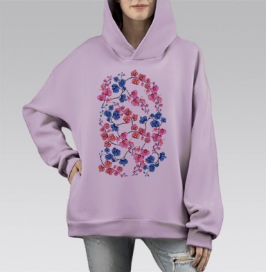 Весенний узор с орхидеями в акварели, Hoodie Mono Fiolet, оверсайз, утепленная