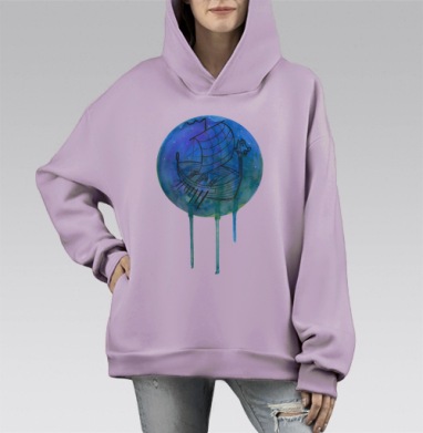 Викингский драккар в акварельной стилистике, Hoodie Mono Fiolet, оверсайз, утепленная