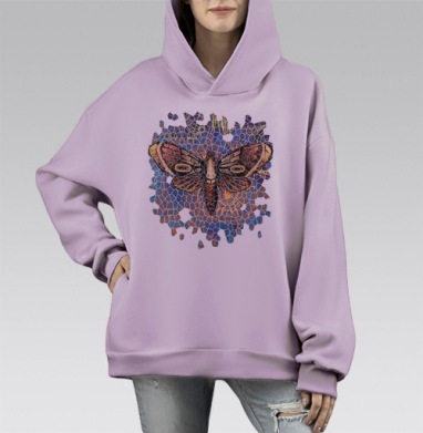 Витражный мотылёк в узорах синих тонов, Hoodie Mono Fiolet, оверсайз, утепленная