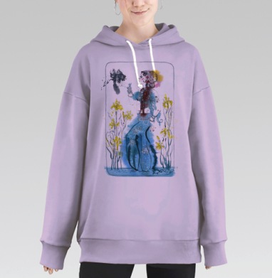 Восточная фея с черной рыбкой в ирисах, Hoodie Long Oversize Fiolet