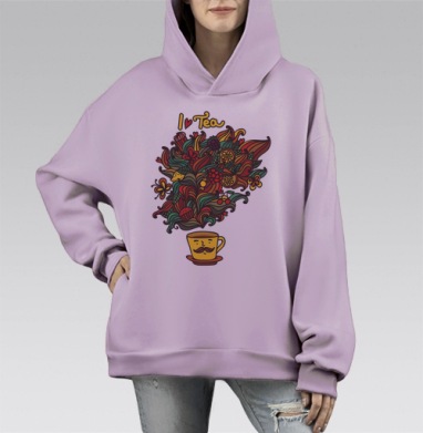 Яркая чашка с узорным паром – Любовь к чаю, Hoodie Mono Fiolet, оверсайз, утепленная