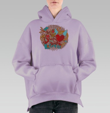Яркая дудлинг-иллюстрация Любовь и Романтика, Hoodie Oversize Fiolet, утепленная