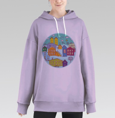Яркая иллюстрация уютного городка на холмах, Hoodie Long Oversize Fiolet