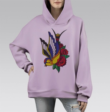 Яркая ласточка с розами в стиле Old School, Hoodie Mono Fiolet, оверсайз, утепленная