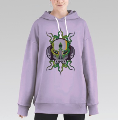 Яркий киберпанк-череп с зелеными щупальцами, Hoodie Long Oversize Fiolet