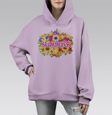 Яркий летний цветочный коллаж SUMMER, Hoodie Mono Fiolet, оверсайз, утепленная