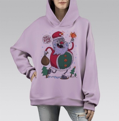 Яркий мультяшный Санта с колокольчиком и мешком, Hoodie Mono Fiolet, оверсайз, утепленная