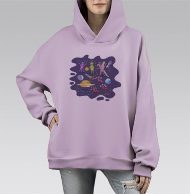 Яркий набор космических мультяшных персонажей, Hoodie Mono Fiolet, оверсайз, утепленная