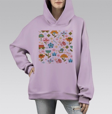 Яркий орнамент с птицами и цветами, Hoodie Mono Fiolet, оверсайз, утепленная
