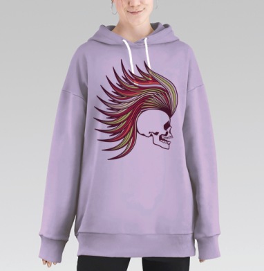 Яркий панковский череп с ирокезом - стильный арт, Hoodie Long Oversize Fiolet