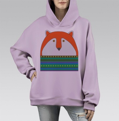 Яркий узор с лисицами в полосках, Hoodie Mono Fiolet, оверсайз, утепленная
