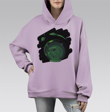 Зеленый кот-пришелец в космическом шлеме, Hoodie Mono Fiolet, оверсайз, утепленная