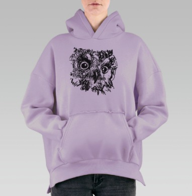 Абстрактный рисунок головы совы в черно-белом стиле, Hoodie Oversize Fiolet, утепленная