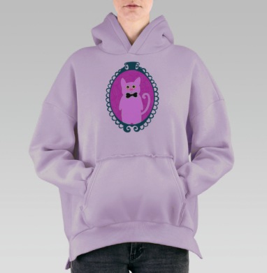 Белый кот с бабочкой в овальной рамке, Hoodie Oversize Fiolet, утепленная