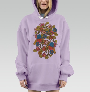 Декоративные обои с птицами и цветами в стиле фолк-арт, Hoodie Mjhigh Dig Mel, Fiolet, утепленная