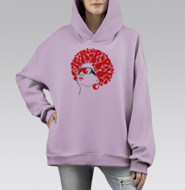 Девушка с прической HAPPY в ярком красном стиле уверенности, Hoodie Mono Fiolet, оверсайз, утепленная