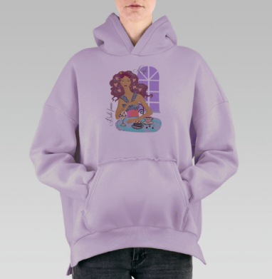 Девушка в кафе, Hoodie Oversize Fiolet, утепленная