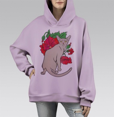 Элегантная кошка на фоне ярких цветов, Hoodie Mono Fiolet, оверсайз, утепленная
