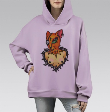 Эпатажный кот с пиратским глазом и женственным обликом, Hoodie Mono Fiolet, оверсайз, утепленная