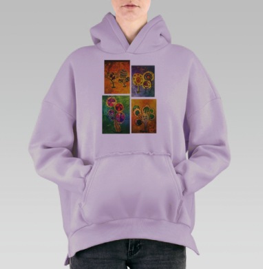 Фантастические растения с уникальными характерами на ярких фонах, Hoodie Oversize Fiolet, утепленная