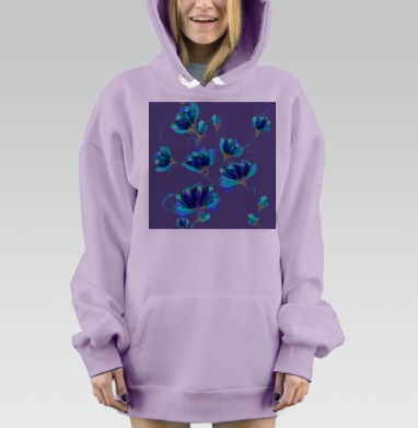 Фиолетовый фон синие цветы бирюзовые лепестки бесшовный паттерн, Hoodie Mjhigh Dig Mel, Fiolet, утепленная