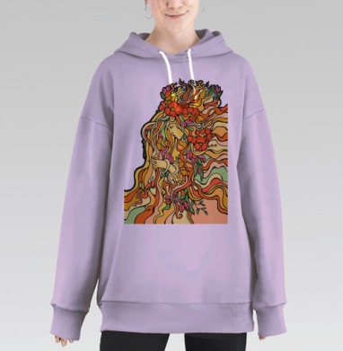 Женщина с цветами и птицей в гармонии с природой – природа покоя жизни, Hoodie Long Oversize Fiolet