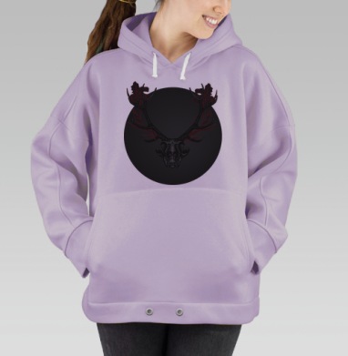 Графический череп оленя с красными цветами – арт-принт, Hoodie Oversize Fiolet