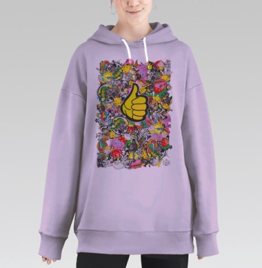 Коллаж с ярким «Пальцем вверх» в стиле стикеров, Hoodie Long Oversize Fiolet