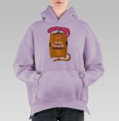 Кот с тортом и птицей лучшая чайная вечеринка, Hoodie Oversize Fiolet, утепленная
