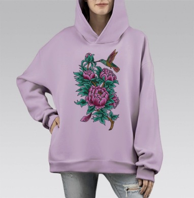 Маленькая Hummingbird пьет свежий нектар колибри цветы пионы, Hoodie Mono Fiolet, оверсайз, утепленная