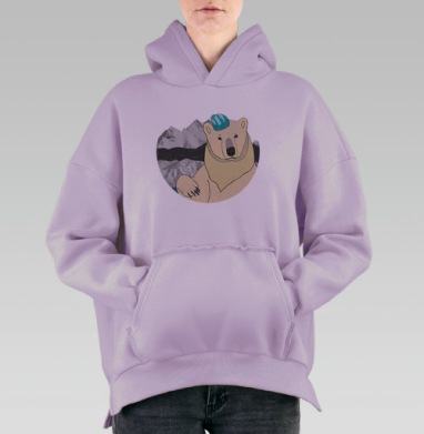 Медведь в шапке на фоне гор – оригинальный арт, Hoodie Oversize Fiolet, утепленная