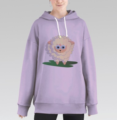 Милая мультяшная овечка на зеленой траве, Hoodie Long Oversize Fiolet