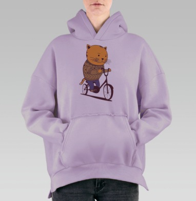 Милый рыжий кот в свитере уверенно едет на двухколесном велосипеде, Hoodie Oversize Fiolet, утепленная