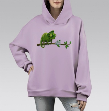 Милый зеленый хамелеон с цветком на ветке, Hoodie Mono Fiolet, оверсайз, утепленная