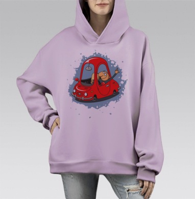 Мужчина в крошечном красном автомобиле показывает агрессивный жест, Hoodie Mono Fiolet, оверсайз, утепленная