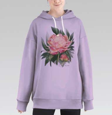 Нежные пионы в насыщенных зелёных листьях, Hoodie Long Oversize Fiolet