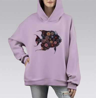 Орнаментальная рыба, Hoodie Mono Fiolet, оверсайз, утепленная