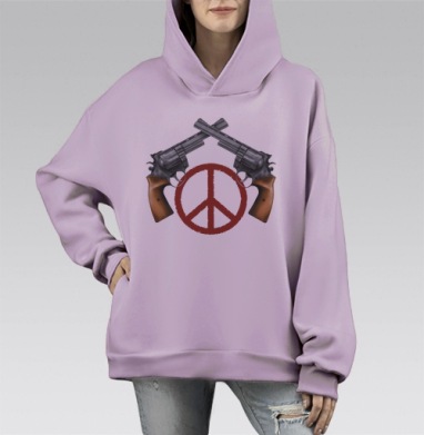 Револьверы и символ мира в контрасте, Hoodie Mono Fiolet, оверсайз, утепленная