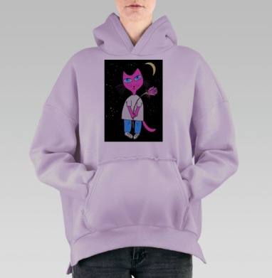 Розовый кот с увядшей розой в ночи, Hoodie Oversize Fiolet, утепленная