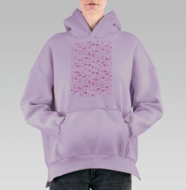 Розовый паттерн с музыкальными силуэтами, Hoodie Oversize Fiolet, утепленная