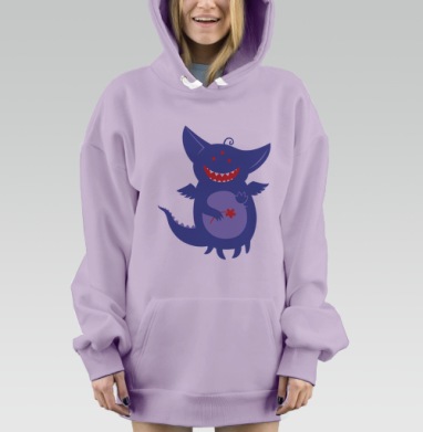 Синий трёхглазый зубастый монстр бережно держит красный цветок, Hoodie Mjhigh Dig Mel, Fiolet, утепленная