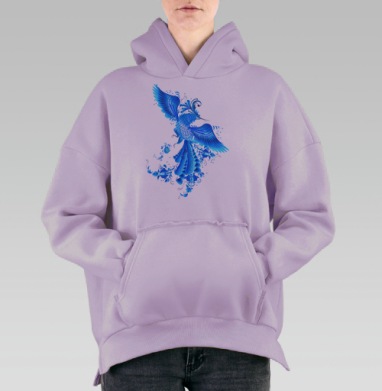 Синяя птица удачи в стиле гжельской росписи, Hoodie Oversize Fiolet, утепленная