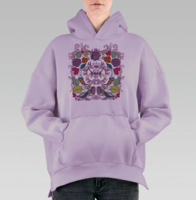Skull in flowers / Череп в цветах, Hoodie Oversize Fiolet, утепленная