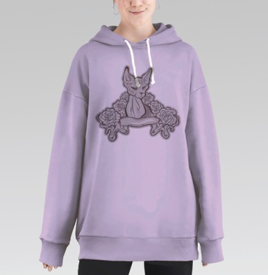 Стильная иллюстрация сфинкса с розами в тату стиле, Hoodie Long Oversize Fiolet