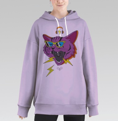 Стильный рокерский кот с винилом - яркий принт, Hoodie Long Oversize Fiolet